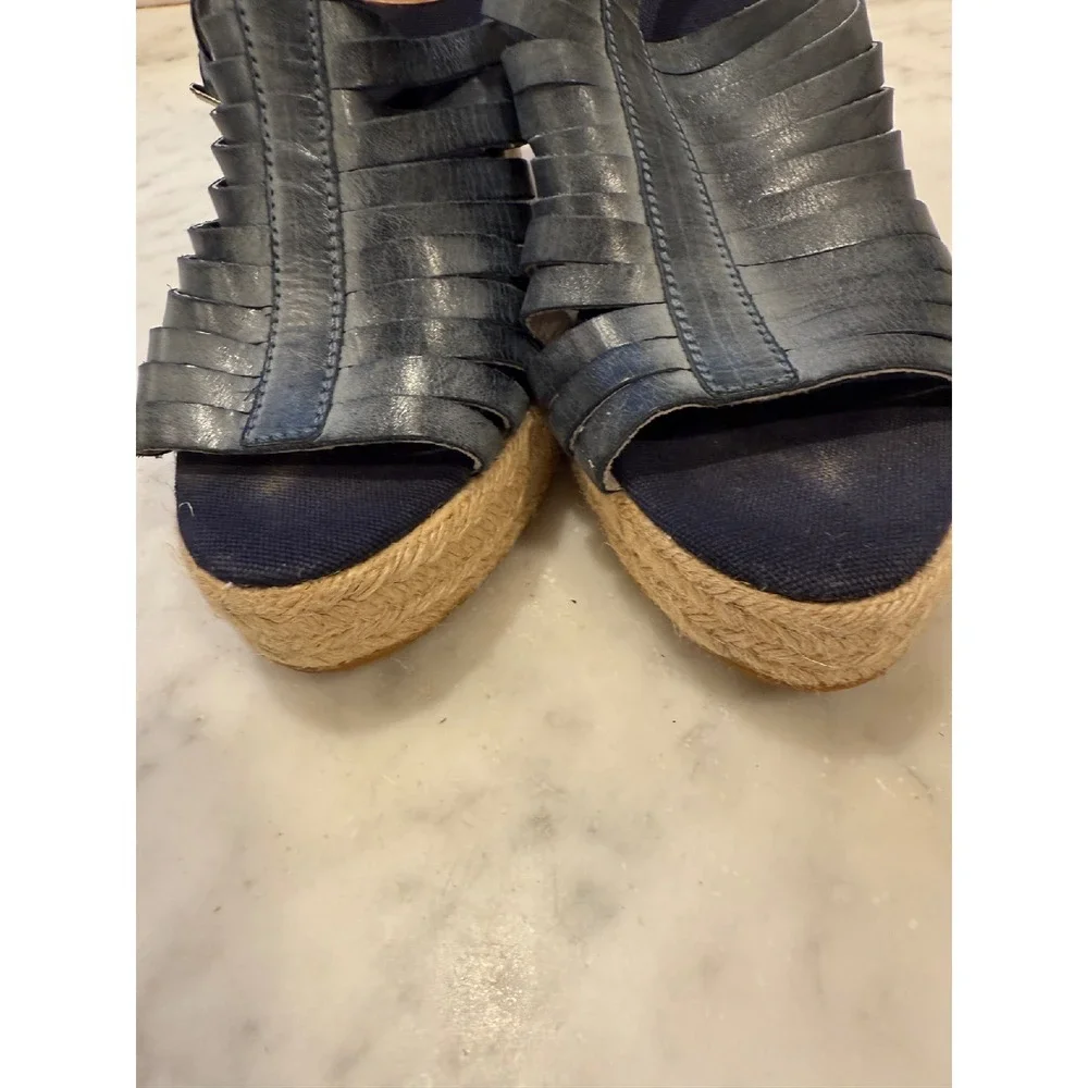 Kanna Espadrille Wedge Sandals Leather‎ Strappy Blue Platform Size 37